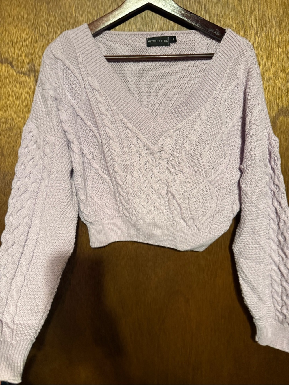 PrettyLittleThing Pastel Lavender Cable V-Neck Cropped Sweater Size S